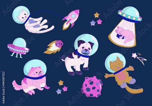 Animals in open space. Cute cat, pug, spitz astronauts and rocket. Characters exploring universe galaxy with planets, stars, spaceship. Cartoon vector illustration.
