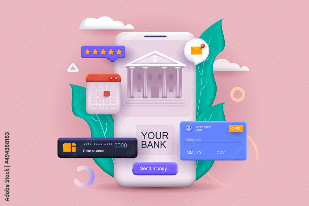 Mobile bank concept 3D illustration. Icon composition with mobile