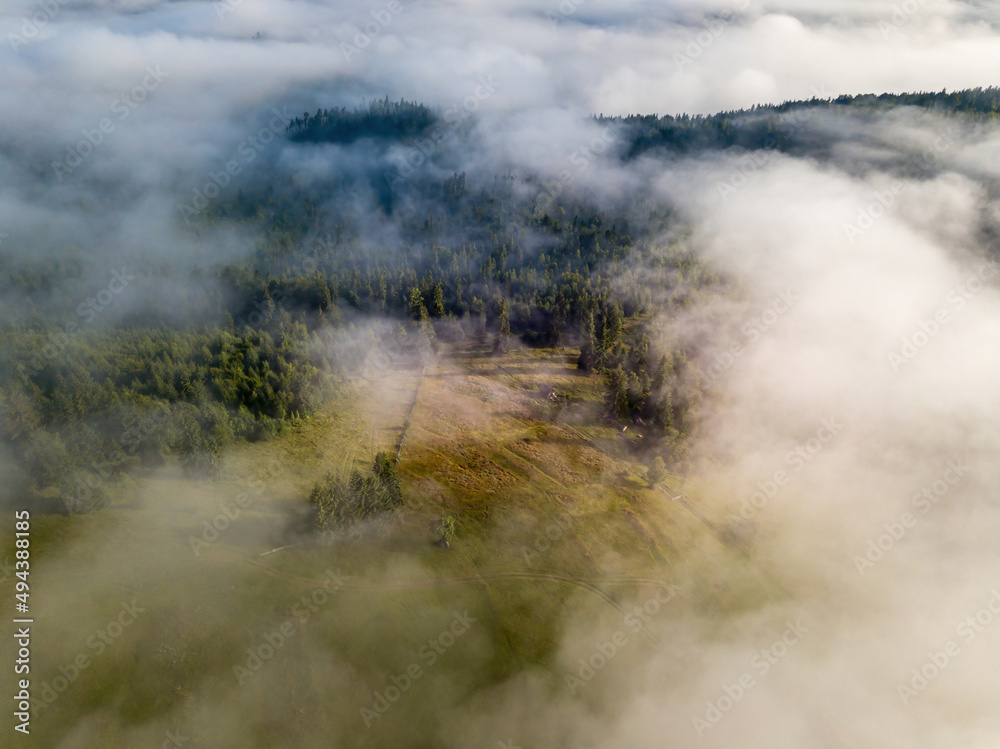 Fototapeta premium Foggy summer morning in the Ukrainian Carpathians. Aerial drone view.