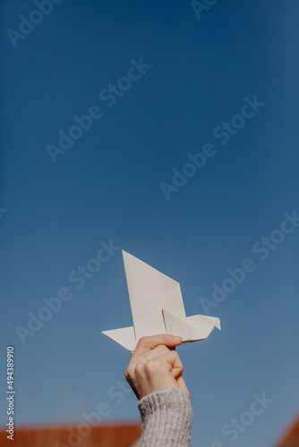Fototapeta Naklejka Na Ścianę i Meble -  Frieden - junges Mädchen hält Taube aus Papier als Symbol für den Frieden in ihren Händen