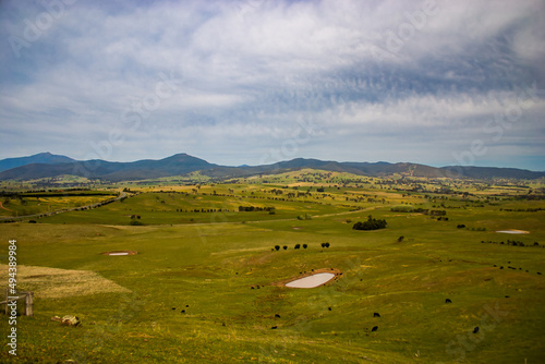 Dry green Australian countryside with hills in the background