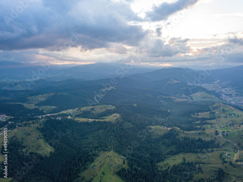 Green Ukrainian Carpathians mountains in summer. Aerial drone view.