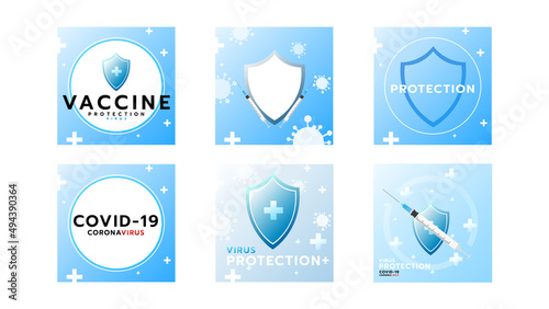 Set Vaccination concept Health care and protection , vaccine a treatment to cure Covid 19 Coronavirus, on blue background  , Vector illustration EPS 10