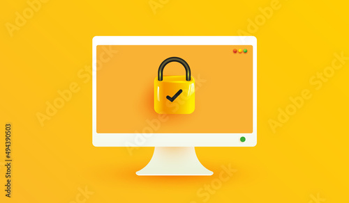 Computer security icon. Password protected icon on yellow backround for mobile applications and website concept 3d vector illustration style