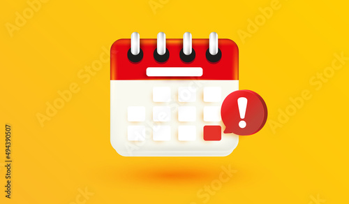 Calendar deadline or event reminder notification. Agenda symbol and date alert notification with selected important day schedule date for business and notice message isolated 3d vector style