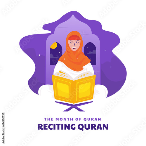 Flat design reading quran at ramadan night concept