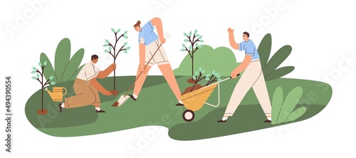 Eco-volunteers planting trees in park. Group of people care about environment, grow saplings in spring. Men and woman at voluntary work in nature. Flat vector illustration isolated on white background