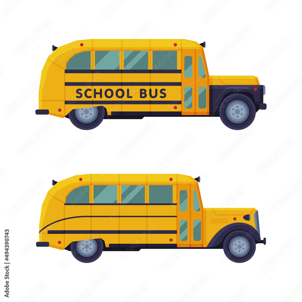 Yellow classic school bus set, side view vector illustration
