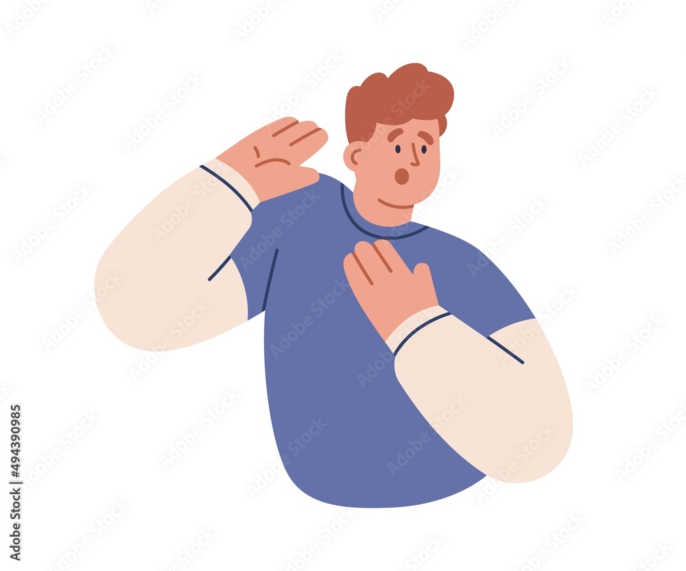 Scared person with shock and fear emotions. Terrified amazed man with afraid face expression. Horrified frightened guy startled with open mouth. Flat vector illustration isolated on white background