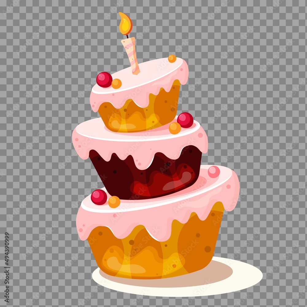 Vector cake with pink icing and a candle in cartoon style on a transparent background Vector cake with pink icing and a candle in cartoon style on a transparent background