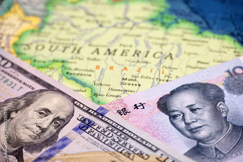 Wallpaper Mural US dollar and Chinese yuan on the map of Brazil. Economic competition between the China and USA in Latin America countries Torontodigital.ca