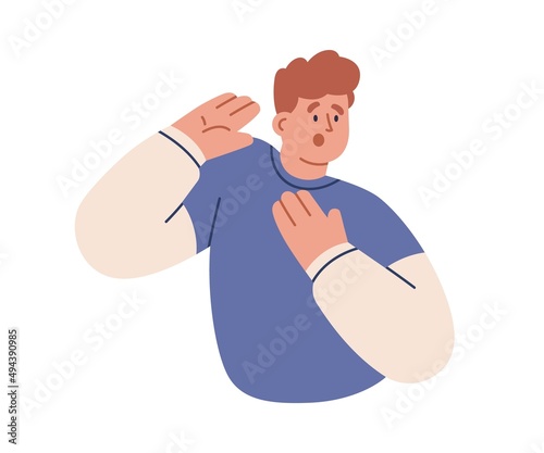 Scared person with shock and fear emotions. Terrified amazed man with afraid face expression. Horrified frightened guy startled with open mouth. Flat vector illustration isolated on white background
