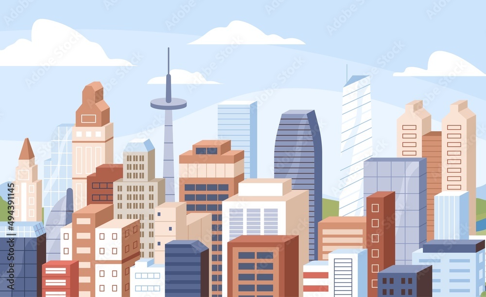City center with dense urban buildings, skyscrapers, towers. Metropolis downtown with offices and residential real estate architecture, sky. Financial district constructions. Flat vector illustration