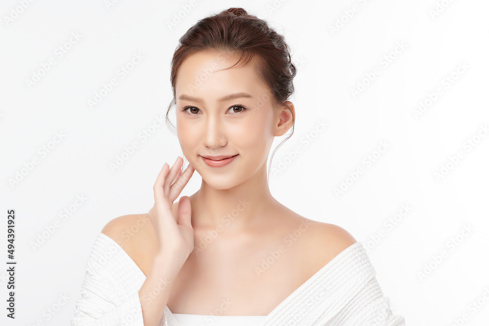 Beautiful young asian woman with clean fresh skin on white background, Face care, Facial treatment, Cosmetology, beauty and spa, Asian women portrait.