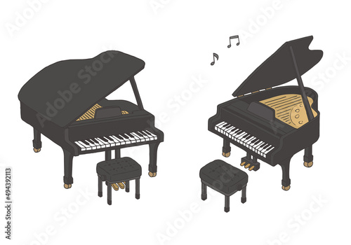 グランドピアノの手描きイラスト線画（カラー）