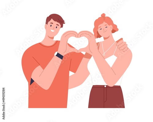 Love couple with heart-shaped hand gesture. Happy man and woman portrait. Two valentines, romantic partners together. Solidarity, support concept. Flat vector illustration isolated on white background