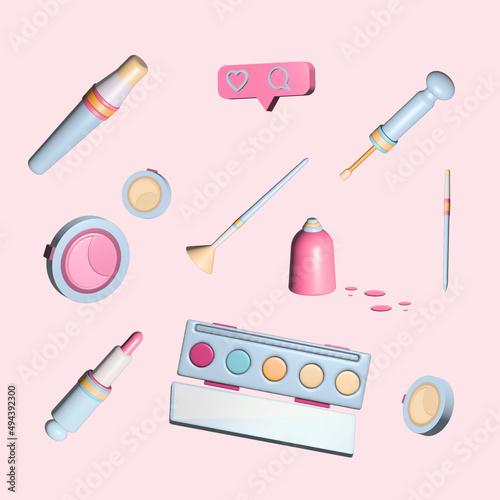 Cosmetic product on pink background. Colorfull 3d illustration.
