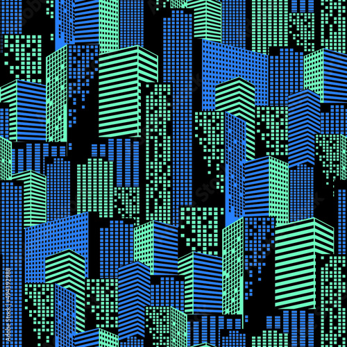 Neon city. Seamless pattern from skyscrapers . Vector illustration.