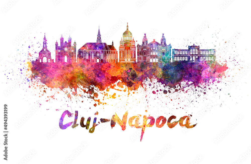 Cluj-Napoca skyline in watercolor splatters with clipping path