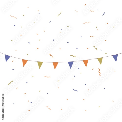 Flag paper garland and party confetti flying on white background. Birthday, carnival decoration hanging and falling. Festive ornament for happy holidays. Isolated colored flat vector illustration