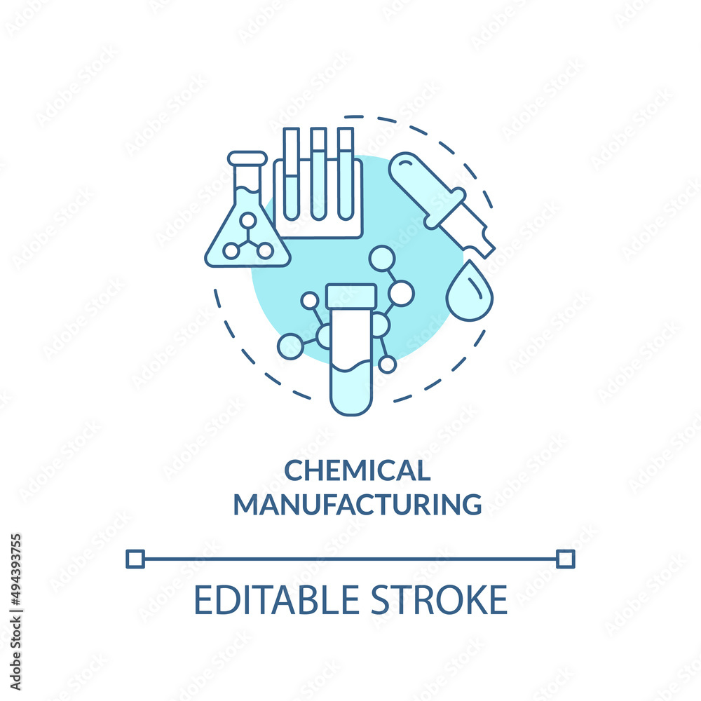 Chemical manufacturing turquoise concept icon. Synthetic substances. Subsector abstract idea thin line illustration. Isolated outline drawing. Editable stroke. Arial, Myriad Pro-Bold fonts used