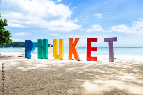 Phuket sign on the tropical beach in south of Thailand, Holiday destination, Patong beach, summer outdoor day light