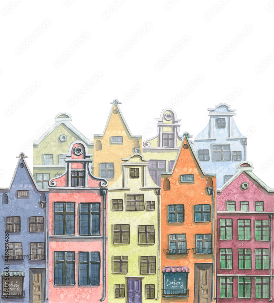 Watercolor illustration of a composition of cute old town houses.