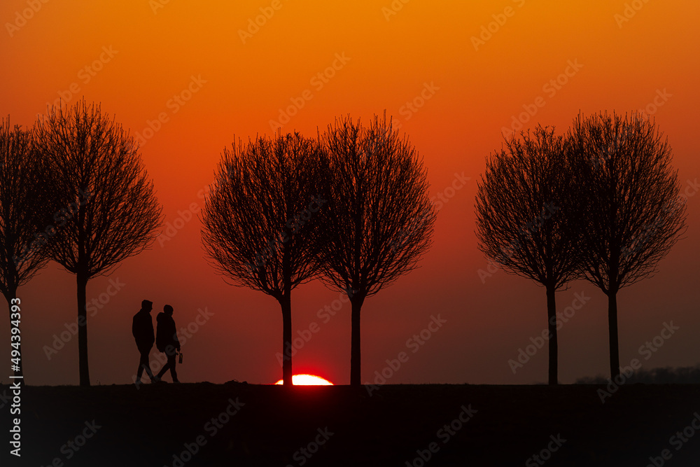 two figures walk along a path straight towards the rest of the setting sun two figures walk along a path straight towards the rest of the setting sun