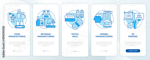Manufacturing sub sectors blue onboarding mobile app screen. Walkthrough 5 steps graphic instructions pages with linear concepts. UI, UX, GUI template. Myriad Pro-Bold, Regular fonts used