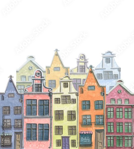 Watercolor illustration of a composition of cute old town houses.