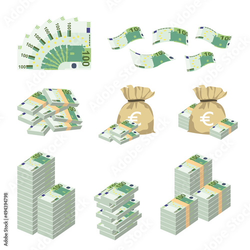 Euro Vector Illustration. Huge pack of Europe money set bundle banknotes. Bundle with cash bills. Deposit, wealth, accumulation and inheritance. Falling money 100 EUR.