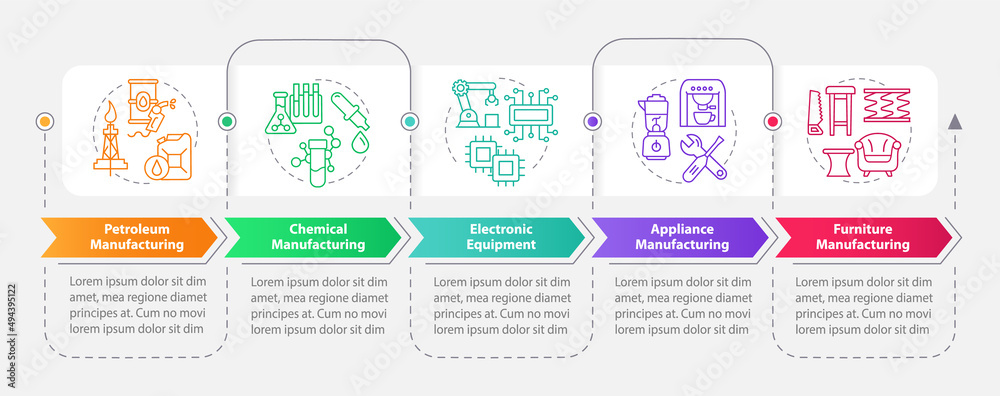 Production sub sectors rectangle infographic template. Data visualization with 5 steps. Process timeline info chart. Workflow layout with line icons. Myriad Pro-Bold, Regular fonts used