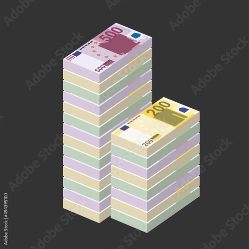 Euro Vector Illustration. Europe money set bundle banknotes. Paper money 500, 200, 100 EUR. Flat style. Isolated on white background. Simple minimal design.