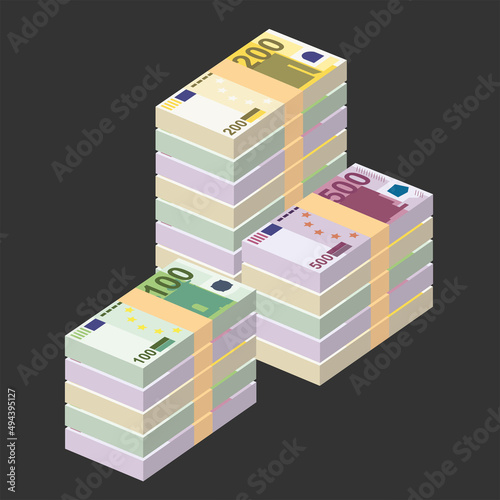 Euro Vector Illustration. Europe money set bundle banknotes. Paper money 500, 200, 100 EUR. Flat style. Isolated on white background. Simple minimal design.