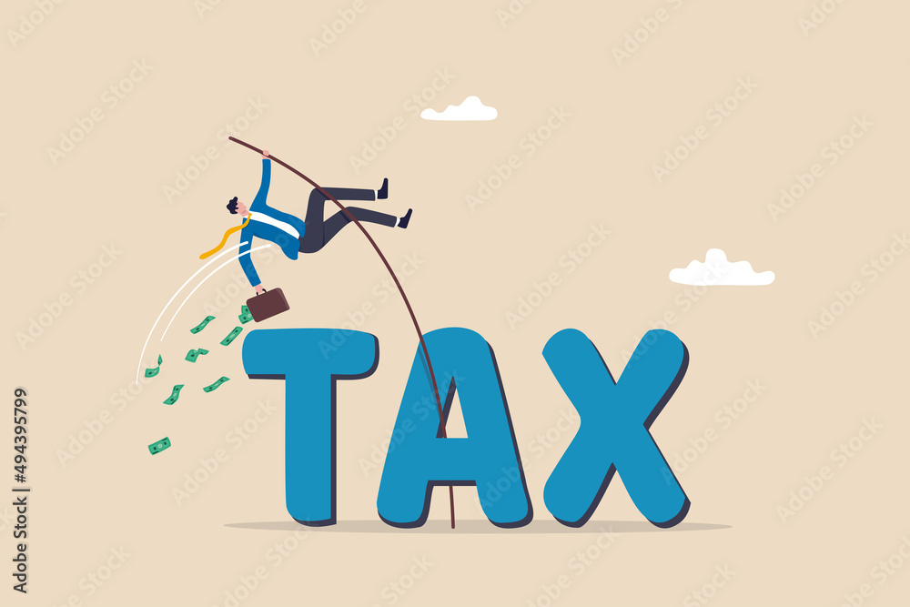 Overcome tax problem, expert advice for taxation or financial challenge concept, confidence businessman holding money briefcase pole vault jump over the word TAX. - obrazy, fototapety, plakaty 