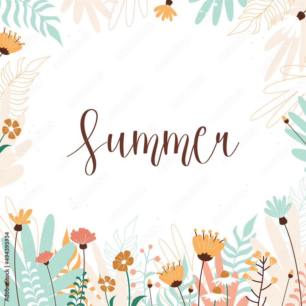 Summer. Floral white banner with blue and pink flowers. Flat isolated flowers and plants.