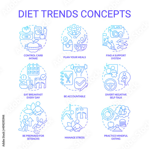 Diet trends blue gradient concept icons set. Healthy lifestyle and eating. Weight control idea thin line color illustrations. Isolated symbols. Roboto-Medium, Myriad Pro-Bold fonts used
