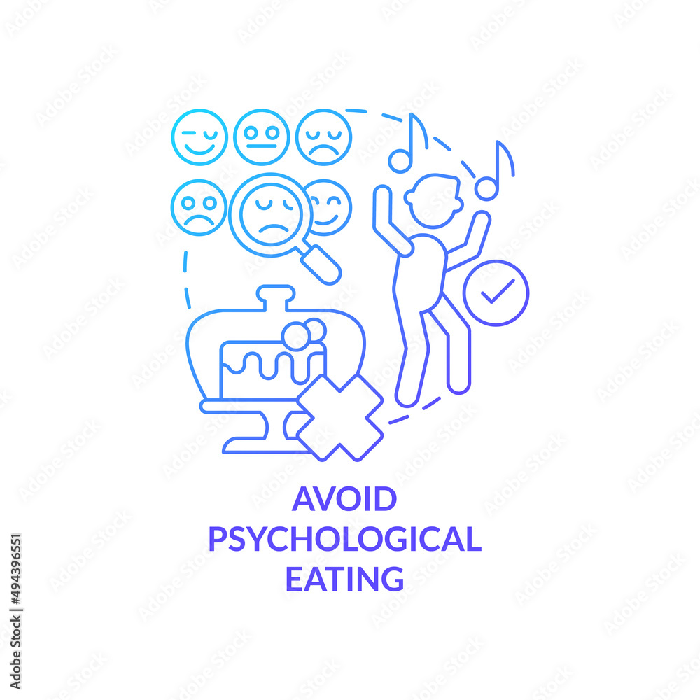 Avoid psychological eating blue gradient concept icon. Control emotional eating. Maintaining weight after diet abstract idea thin line illustration. Isolated outline drawing. Myriad Pro-Bold font used Avoid psychological eating blue gradient concept icon. Control emotional eating. Maintaining weight after diet abstract idea thin line illustration. Isolated outline drawing. Myriad Pro-Bold font used