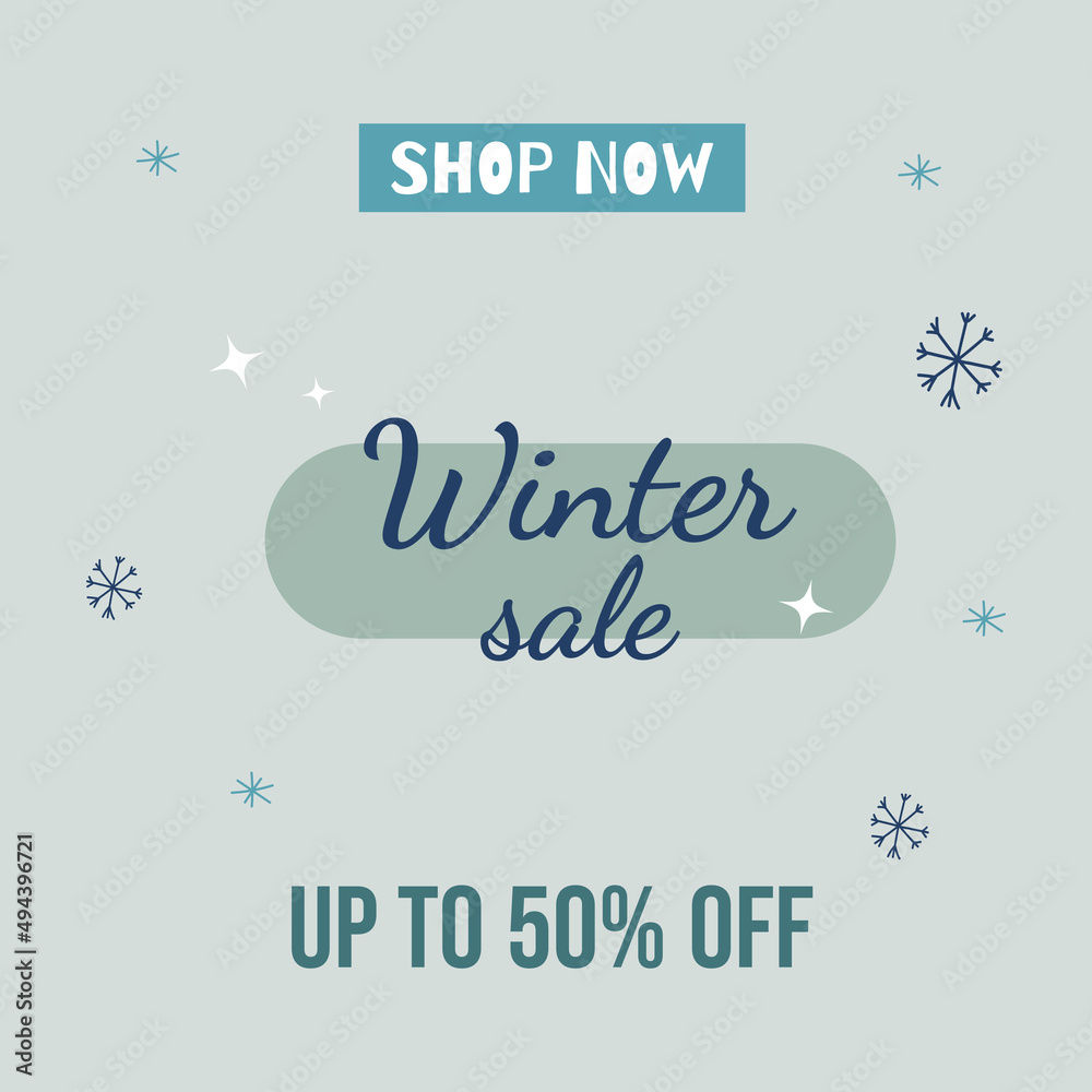 Fototapeta premium Winter holiday sale banner up to 50 percent off with snowflakes and decorative elements in sky color. Poster discount. Flat vector illustration