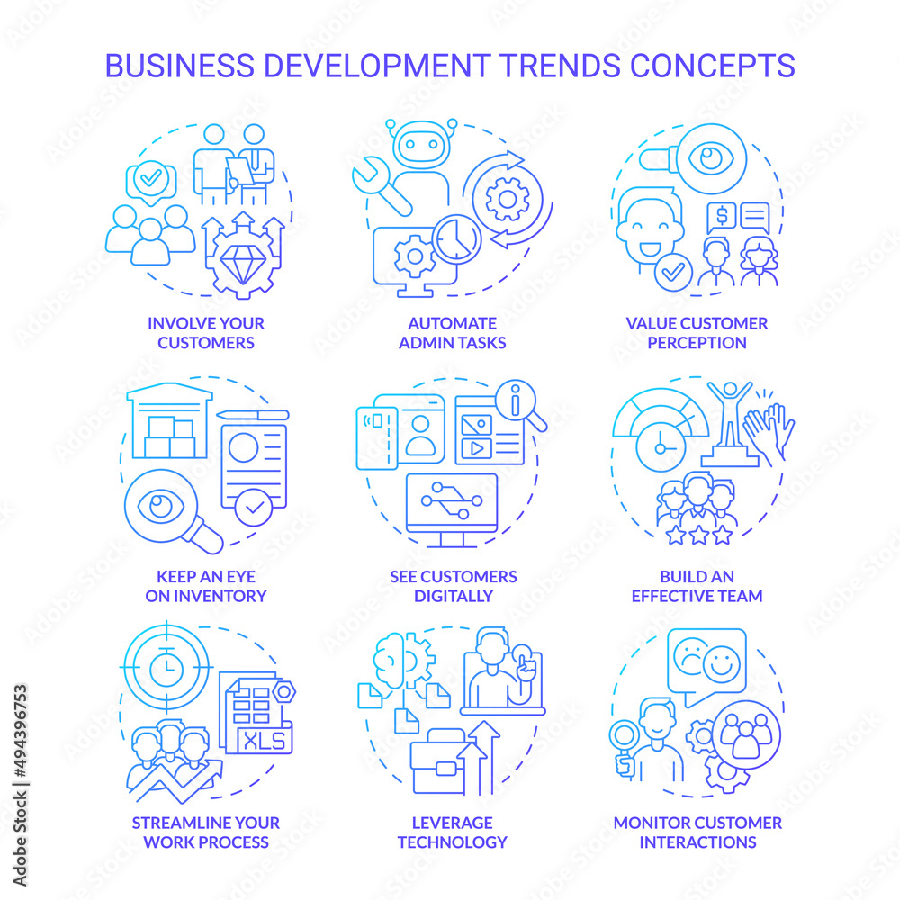 Business development trends blue gradient concept icons set. Innovations idea thin line color illustrations. Isolated symbols. Editable stroke. Roboto-Medium, Myriad Pro-Bold fonts used