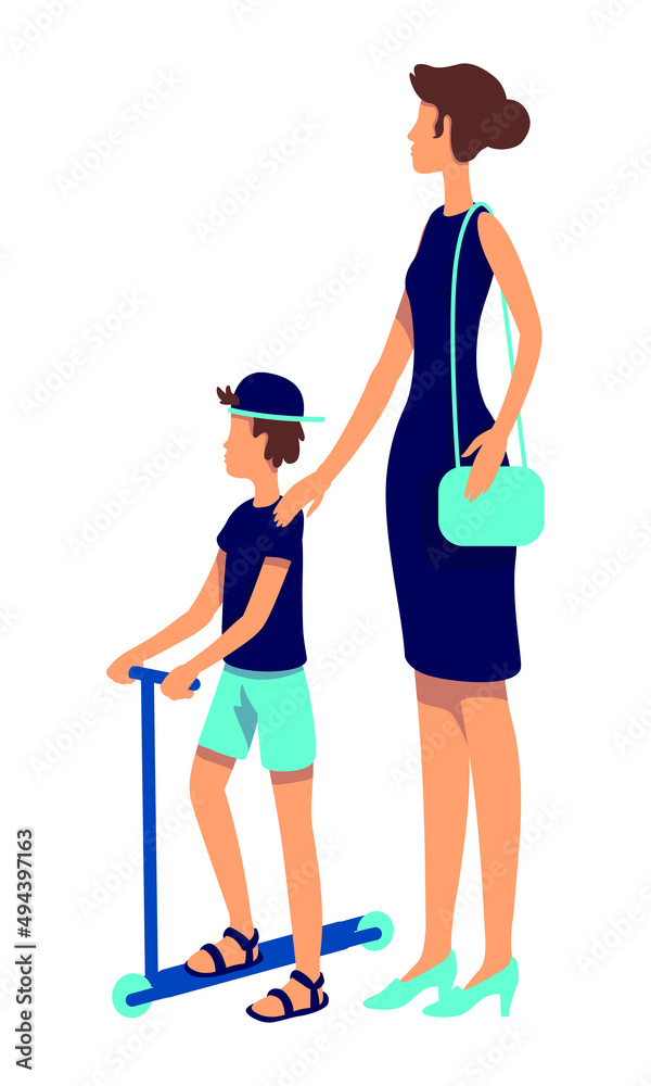 Stylish woman with young boy semi flat color vector characters. Full body people on white. Kid with kick scooter and mother simple cartoon style illustration for web graphic design and animation Stylish woman with young boy semi flat color vector characters. Full body people on white. Kid with kick scooter and mother simple cartoon style illustration for web graphic design and animation