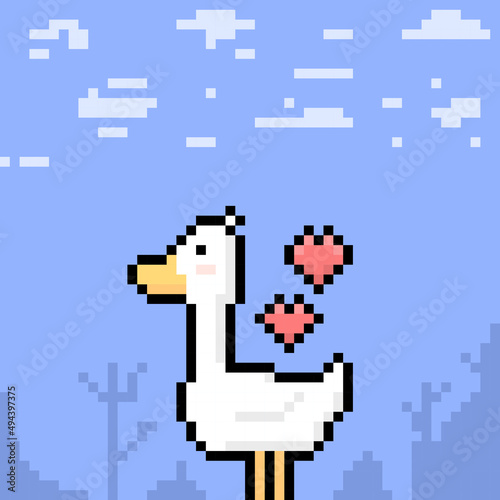 white duck character illustration. fanny, cute, and adorable. animal or poultry. pixel art. 8 bits. vector design. elements, ui, games, icons © Papcut design 
