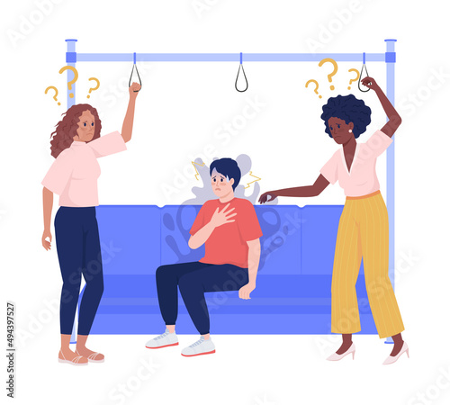 Panic attack on public bus semi flat color vector characters. Posing figures. Full body people on white. Reassuring strangers simple cartoon style illustration for web graphic design and animation