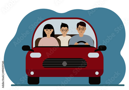 A man drives a red car next to two passengers. There are three people in the car, friends, family. Foreground. Vector