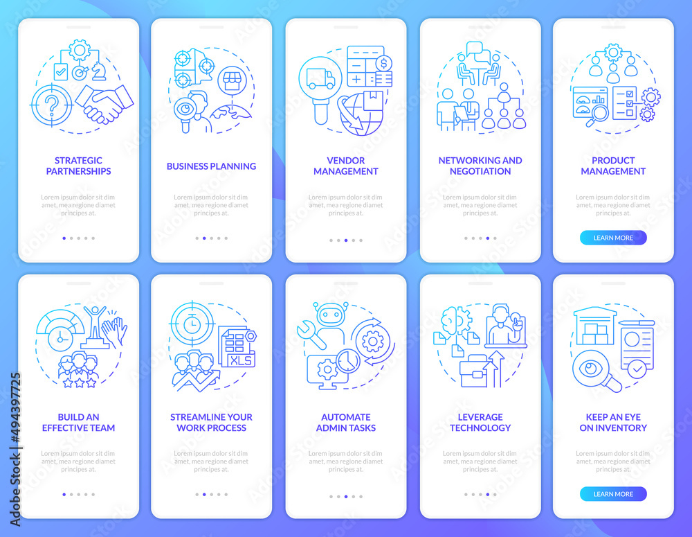 Business development blue gradient onboarding mobile app screen set. Walkthrough 5 steps graphic instructions pages with linear concepts. UI, UX, GUI template. Myriad Pro-Bold, Regular fonts used
