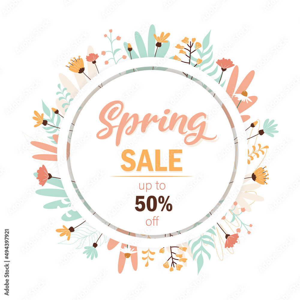 Spring sale, lettering. Banner, summer flowers and plants, leaves. Flower illustration. Pink and blue flowers, green leaves, pink inscription. Up to 50 off.