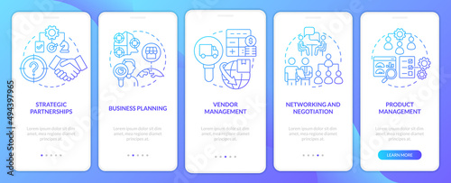 Business development ways blue gradient onboarding mobile app screen. Walkthrough 5 steps graphic instructions pages with linear concepts. UI, UX, GUI template. Myriad Pro-Bold, Regular fonts used