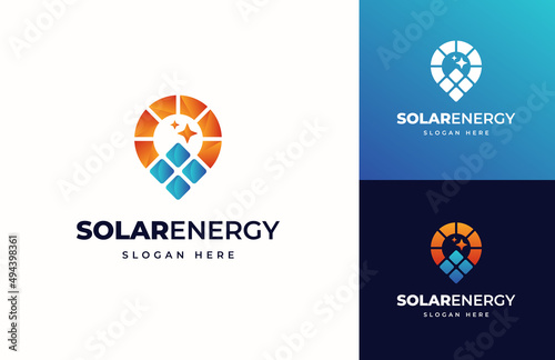 Pin point direction solar tech energy vector logo design, Creative simple photovoltaic panel electricity technology logo design