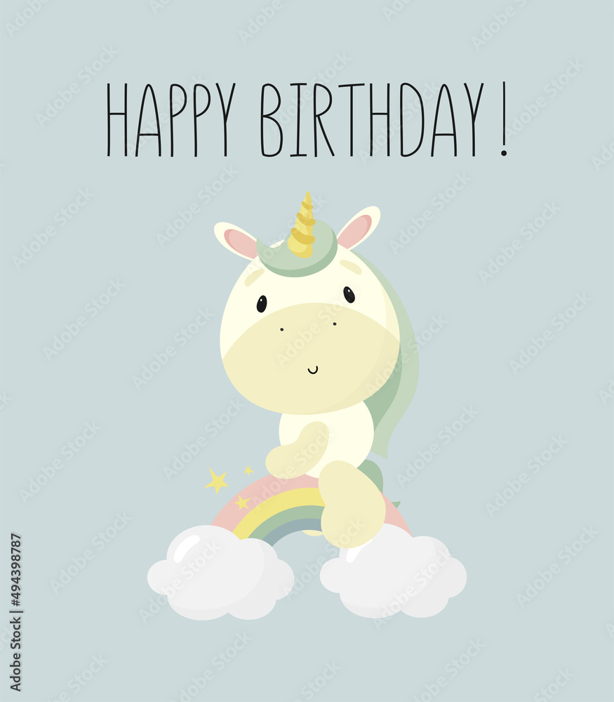 Birthday Party, Greeting Card, Party Invitation. Kids illustration with Magic Unicorn. Vector illustration in cartoon style.	