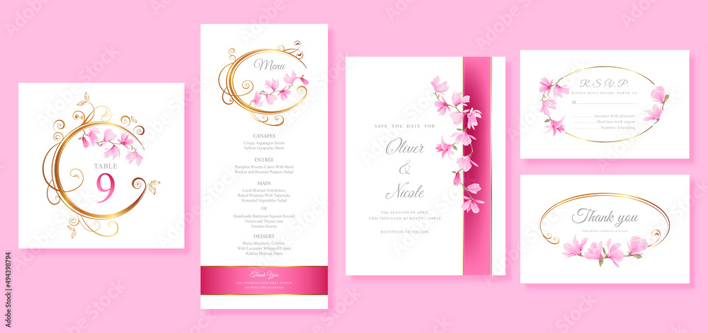 Vector Wedding Invitation set with magnolia flowers and gold decorations: save the date, thank you, Menu, table number, card design template Vector Wedding Invitation set with magnolia flowers and gold decorations: save the date, thank you, Menu, table number, card design template